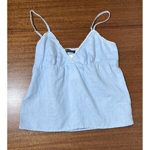 Brandy Melville Light Blue Linen Lace Trim Back Tie Camisole Tank Top One Size